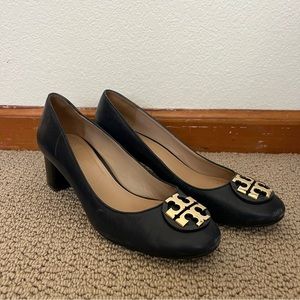 Tory Burch Black Block Heels with Gold Logo, Size 9.5